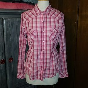 Women's Pearl Snap Shirt Pink Metallic Plaid
